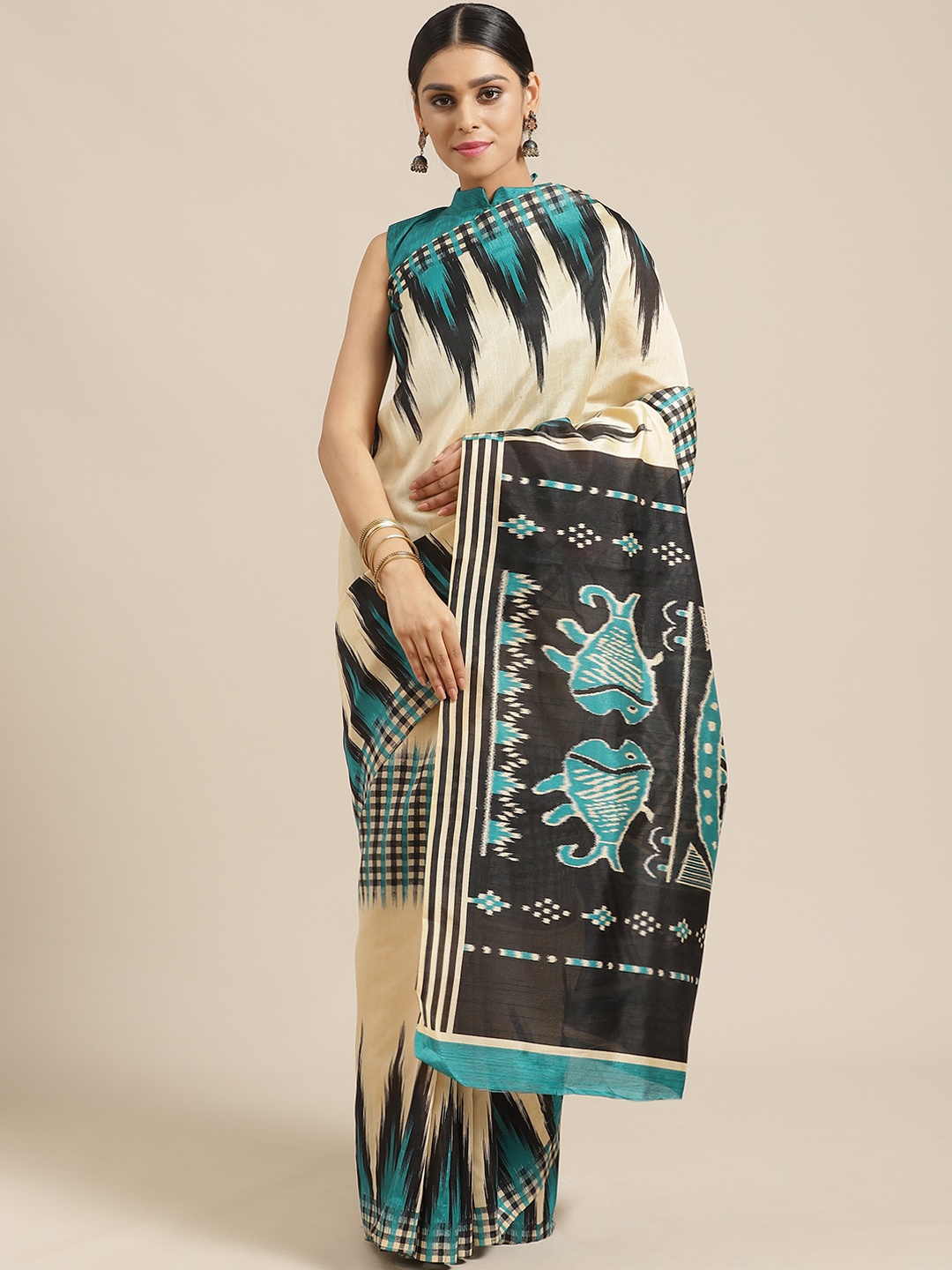 

Saree mall Beige & Green Printed Saree