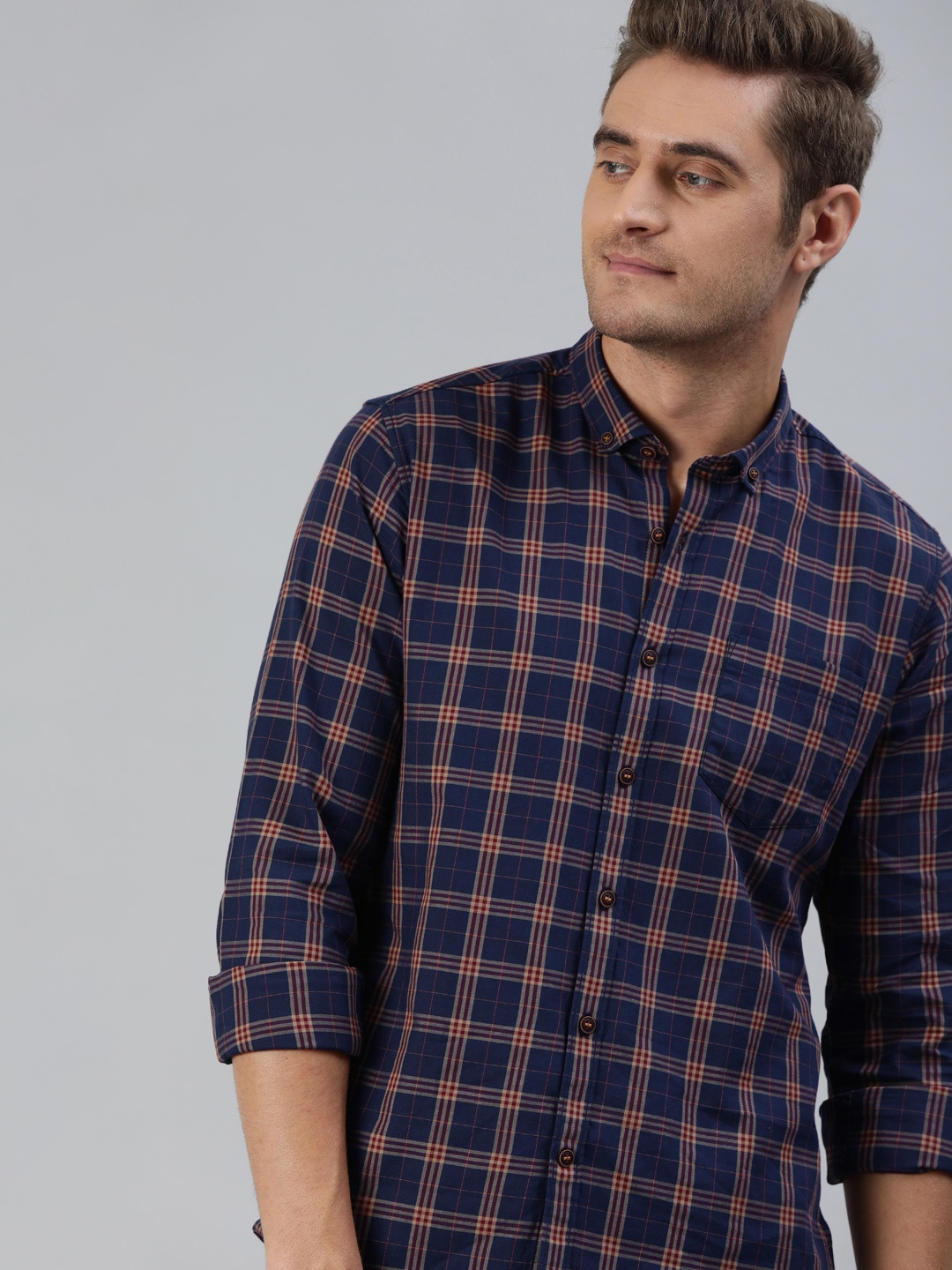 

Mast & Harbour Men Navy Blue & Red Regular Fit Checked Sustainable Casual Shirt