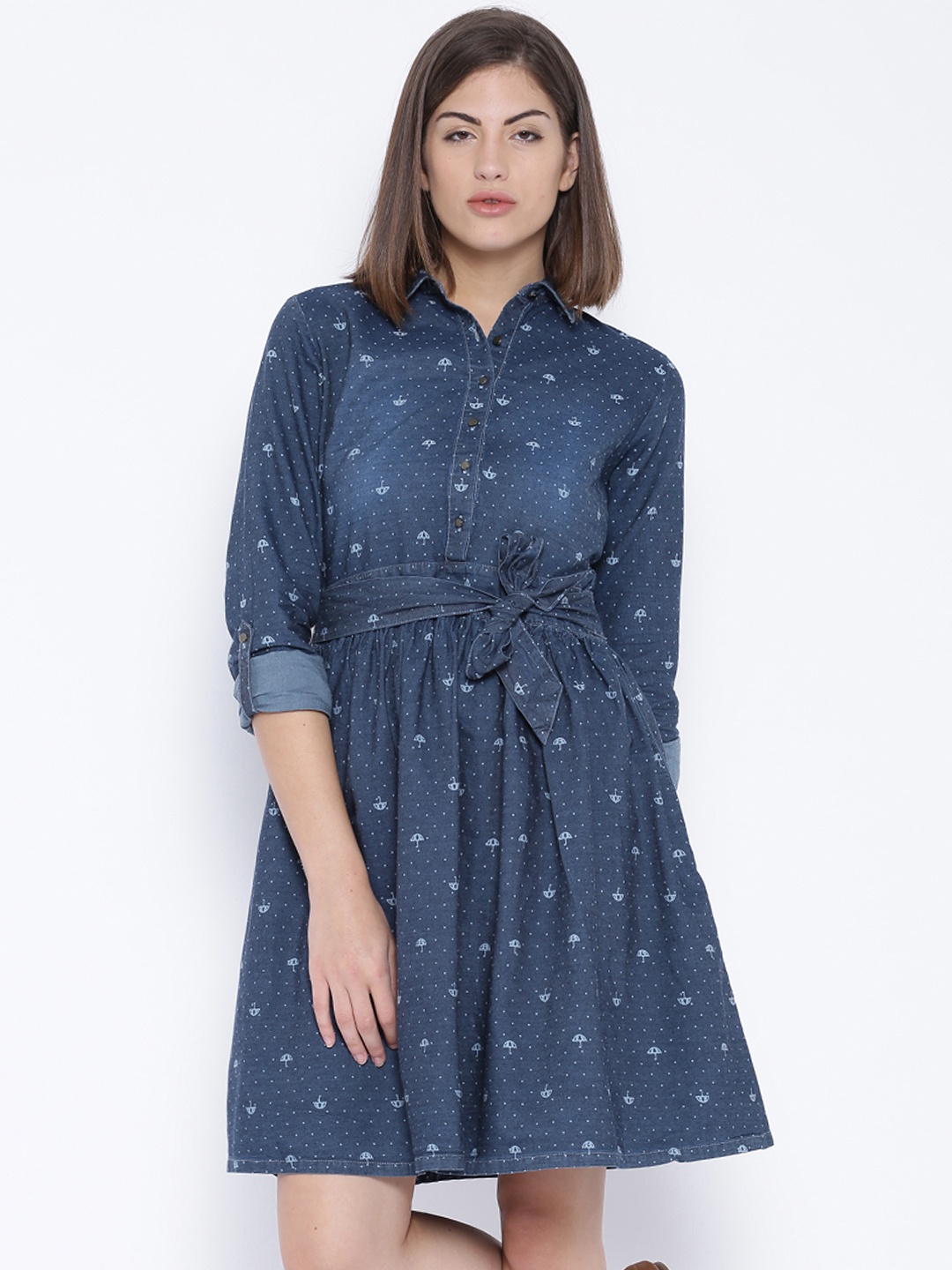 

Tokyo Talkies Navy Denim Printed Fit & Flare Dress, Navy blue