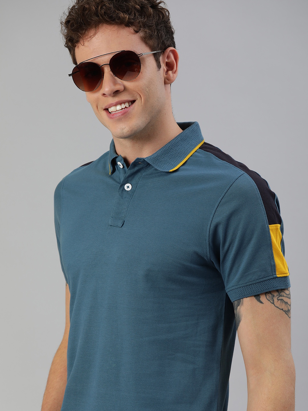 

Mast Harbour Men Teal Blue Solid Polo Collar Pure Cotton T-shirt