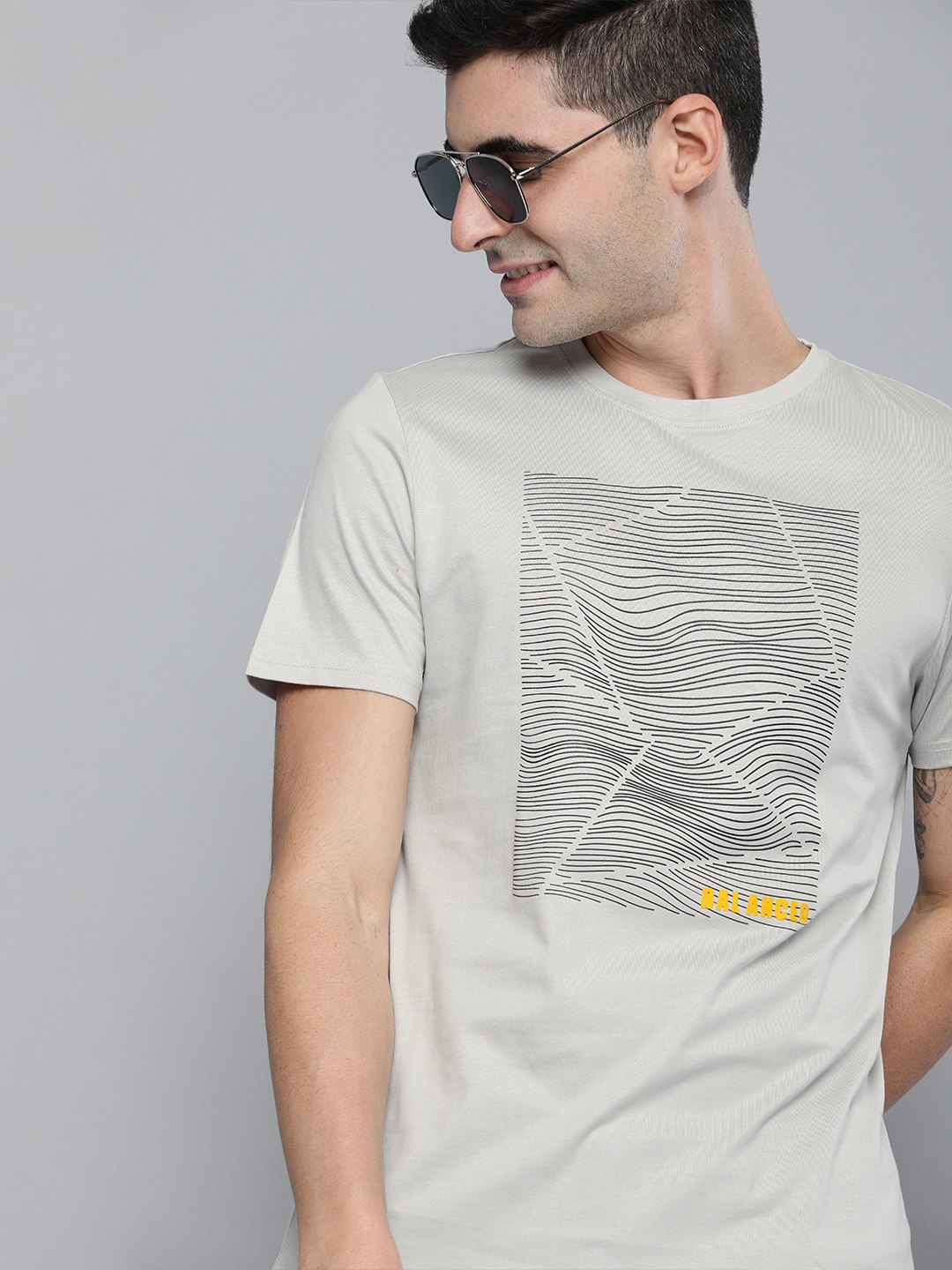 

Mast Harbour Men Grey Abstract Printed Round Neck Pure Cotton T-shirt