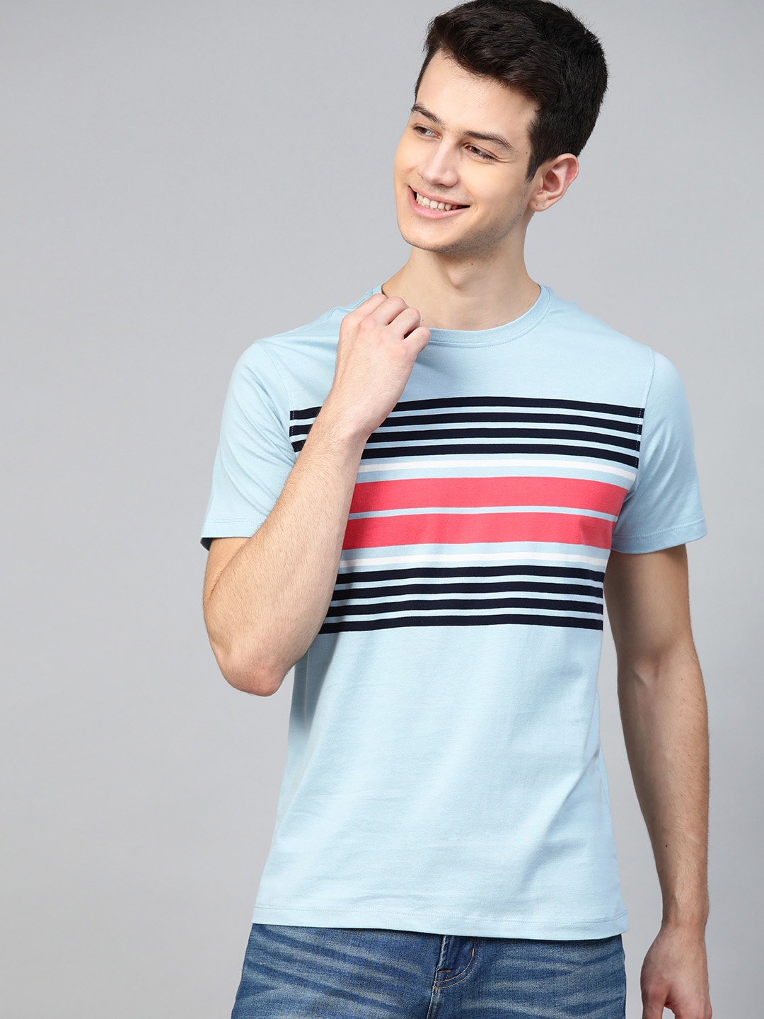 

Mast Harbour Men Blue Red Striped Handcrafted Round Neck Pure Cotton T-shirt