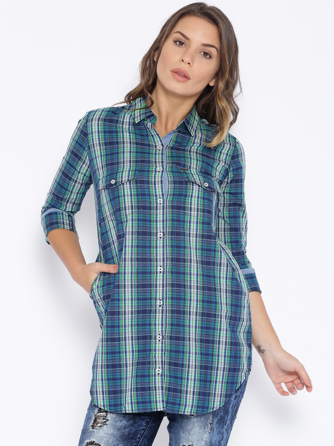 

Tokyo Talkies Green & Blue Checked Tunic Shirt