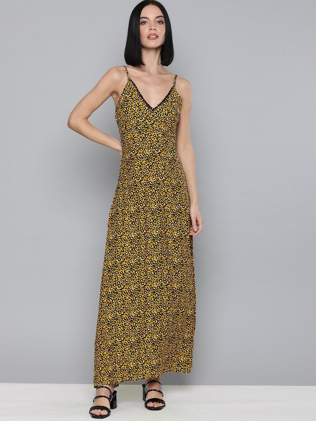 

HERE&NOW Women Mustard Yellow & Black Animal Printed Maxi Dress With Smocked Detail