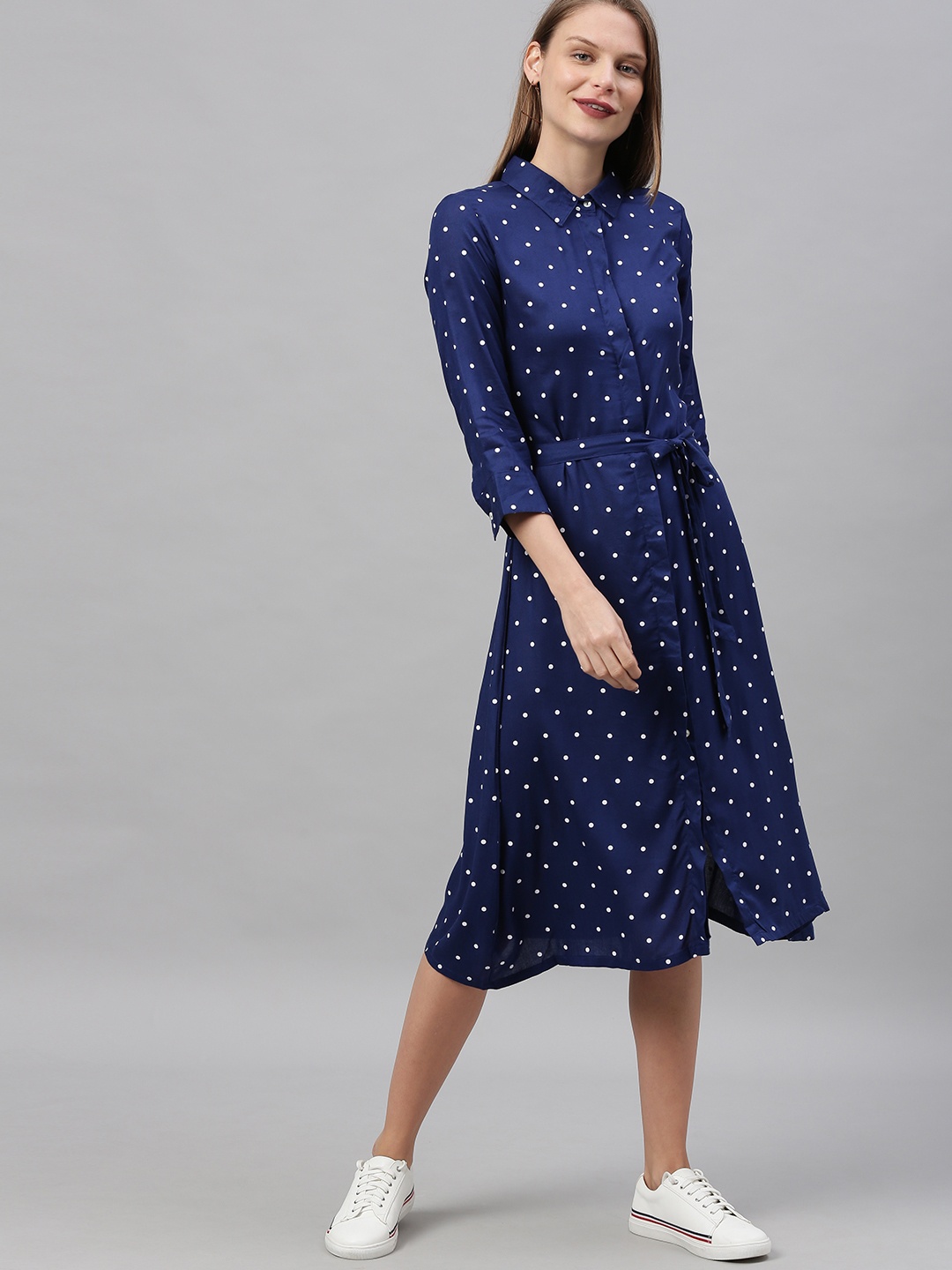 

HERE&NOW Women Navy Blue & White Polka Printed Shirt Dress