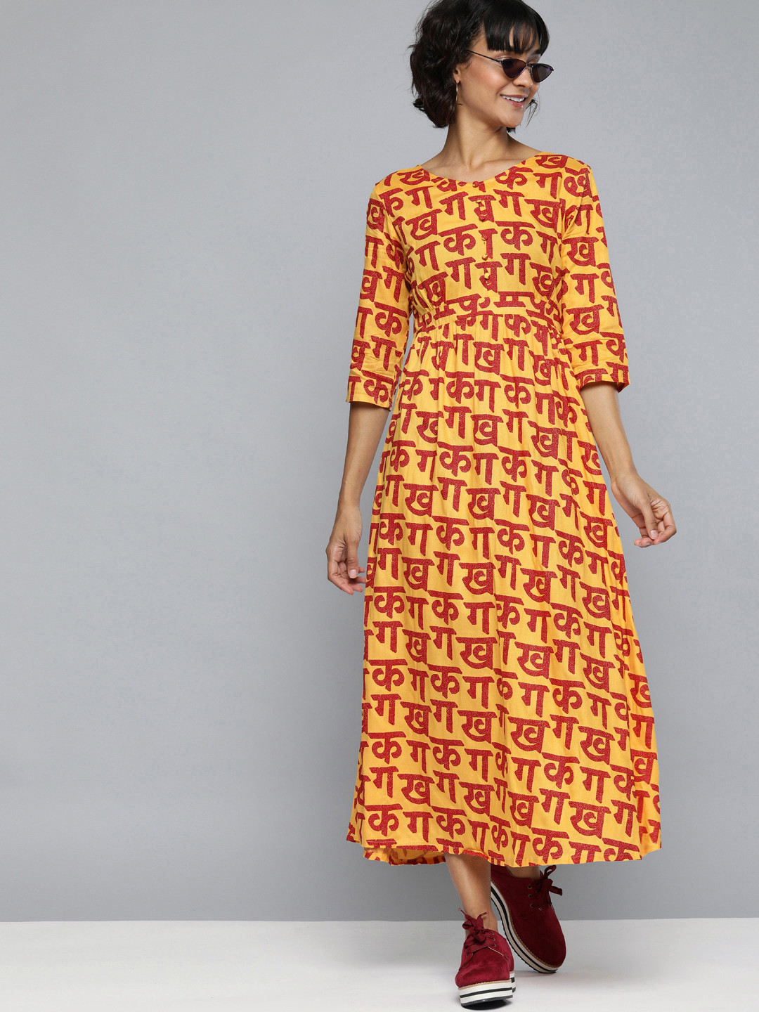 

HERE&NOW Women Mustard Yellow Printed Maxi Dress