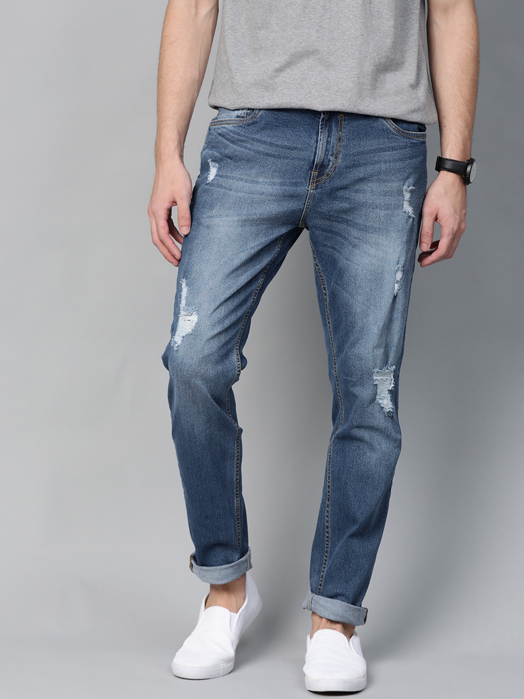 

Mast & Harbour Men Navy Blue Slim Fit Mid-Rise Mildly Distressed Stretchable Jeans