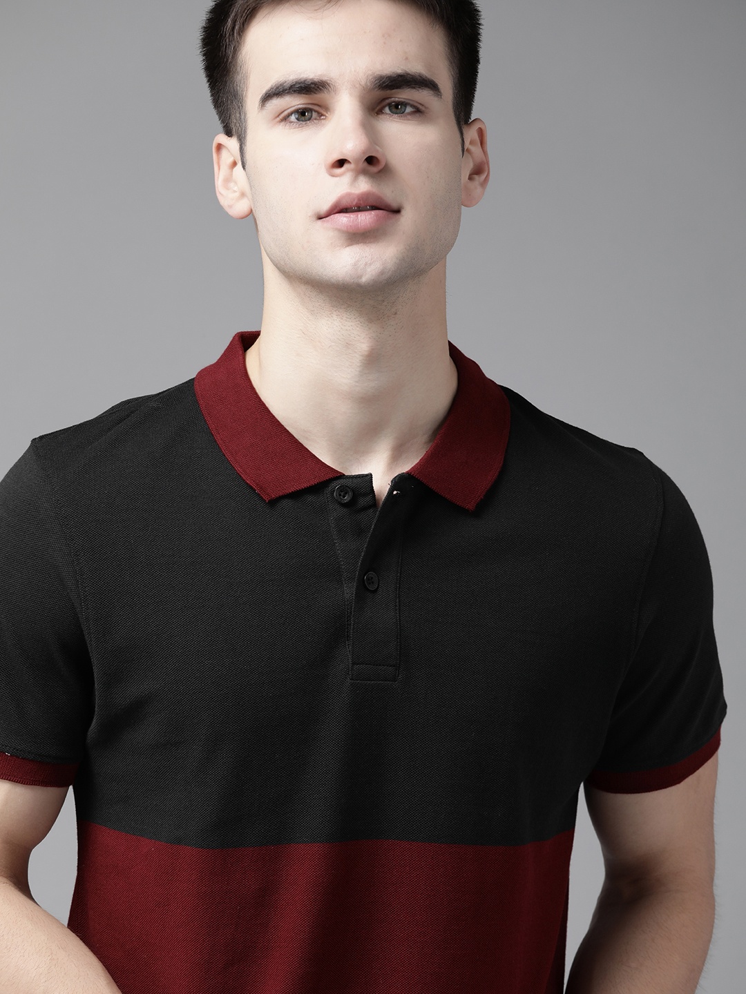 

Roadster Men Black & Maroon Colourblocked Polo Collar T-shirt
