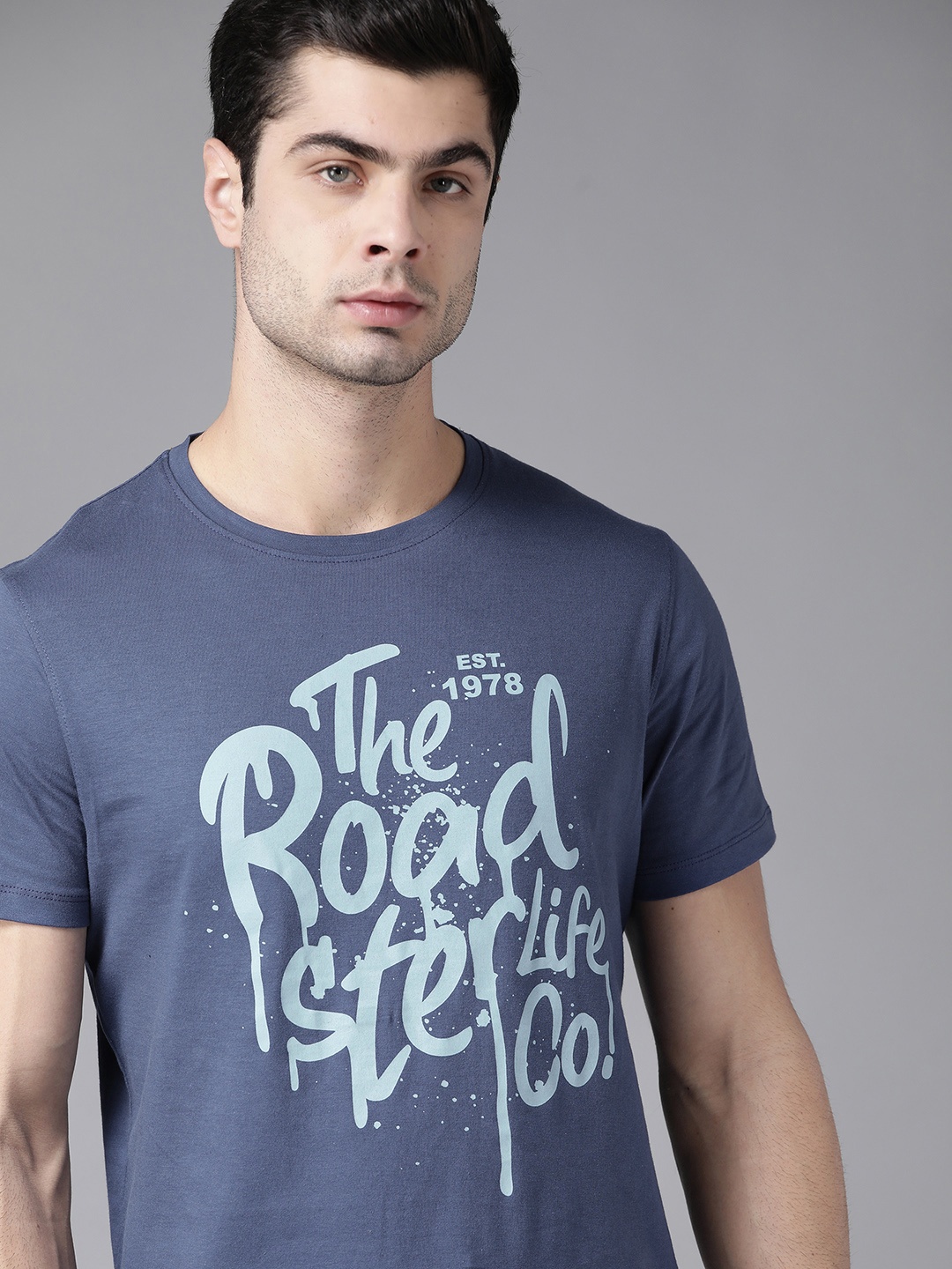 

Roadster Men Blue Printed Round Neck Pure Cotton T-shirt