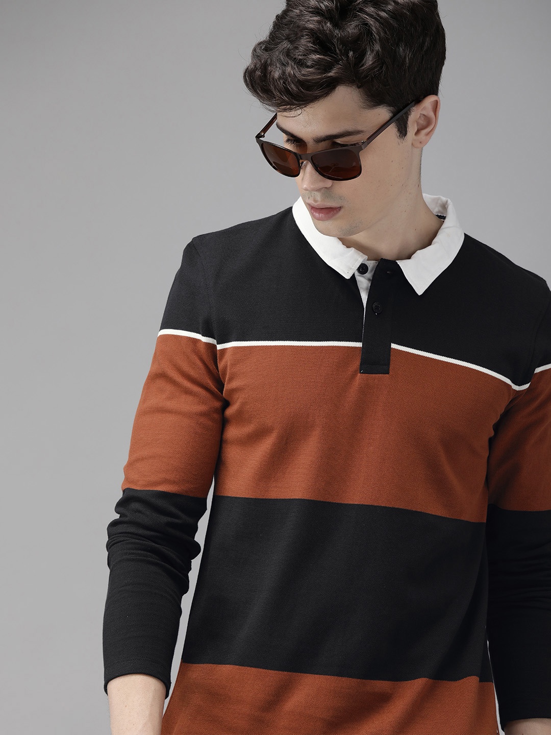

Roadster Men Black Brown Colourblocked Polo Collar Pure Cotton T-shirt