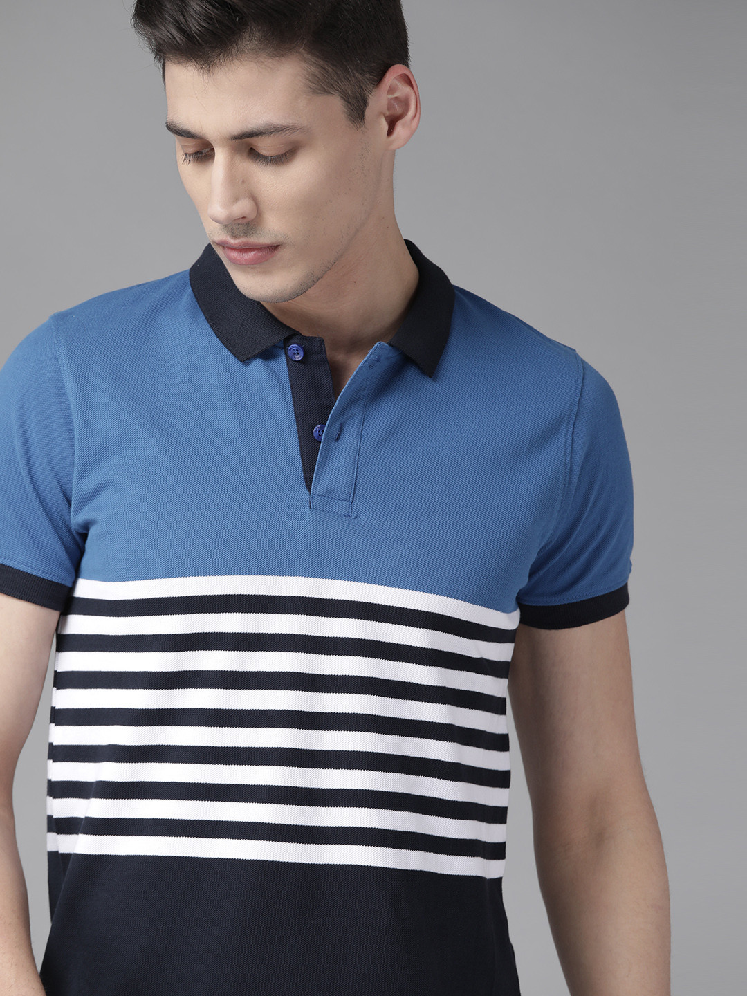 

Roadster Men Blue White Striped Polo Collar Pure Cotton T-shirt