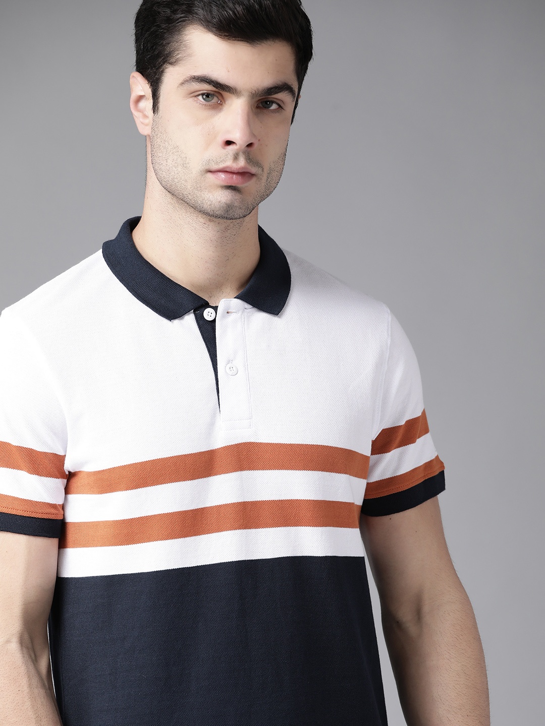 

Roadster Men Navy Blue White Colourblocked Polo Collar Pure Cotton T-shirt
