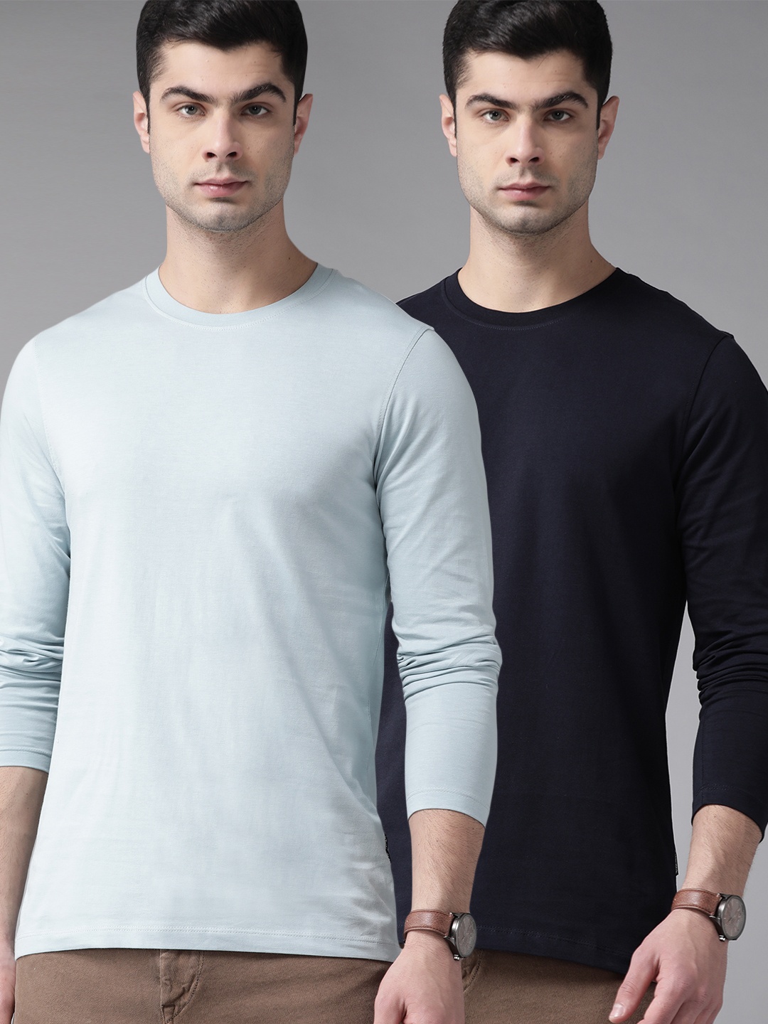 

Roadster Men Pack Of 2 Blue Solid Cotton Round Neck T-shirt