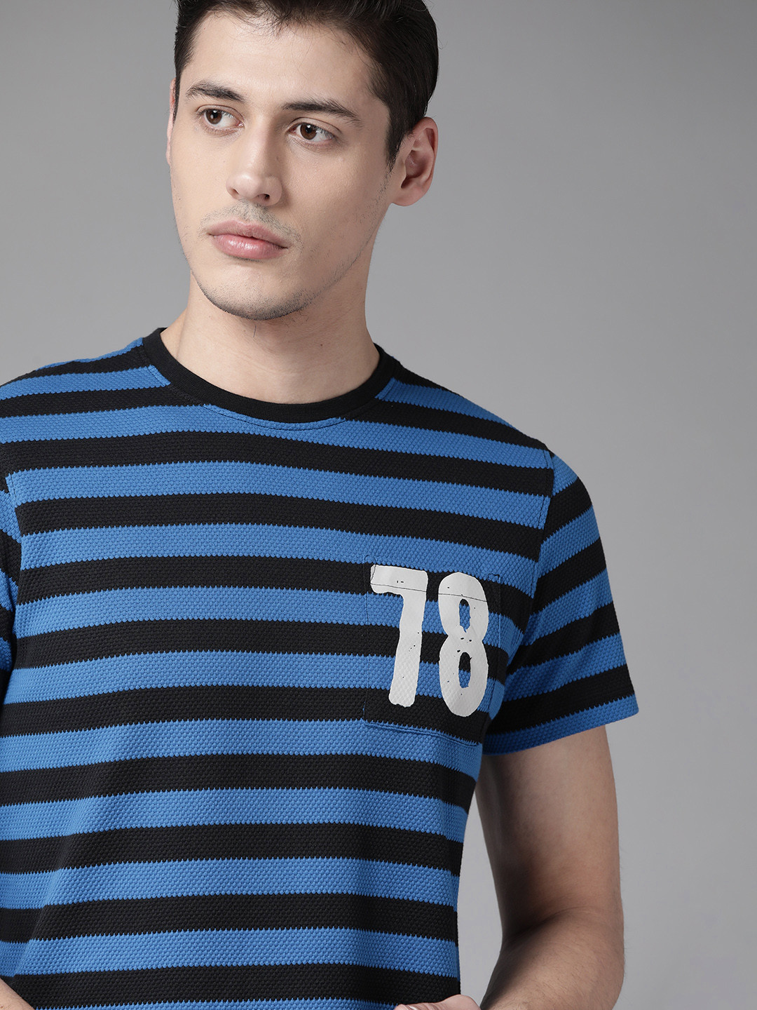 

Roadster Men Blue Black Striped Round Neck Pure Cotton T-shirt