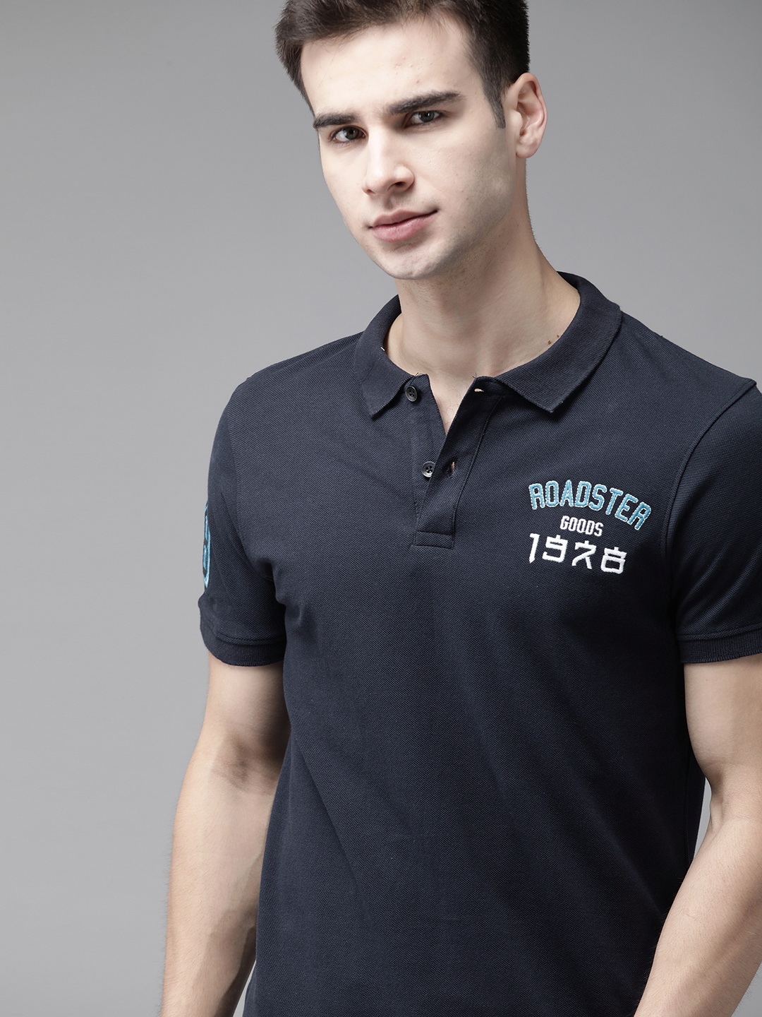 

Roadster Men Navy Blue Brand Logo Embroidered Detail Pure Cotton Polo Collar T-shirt
