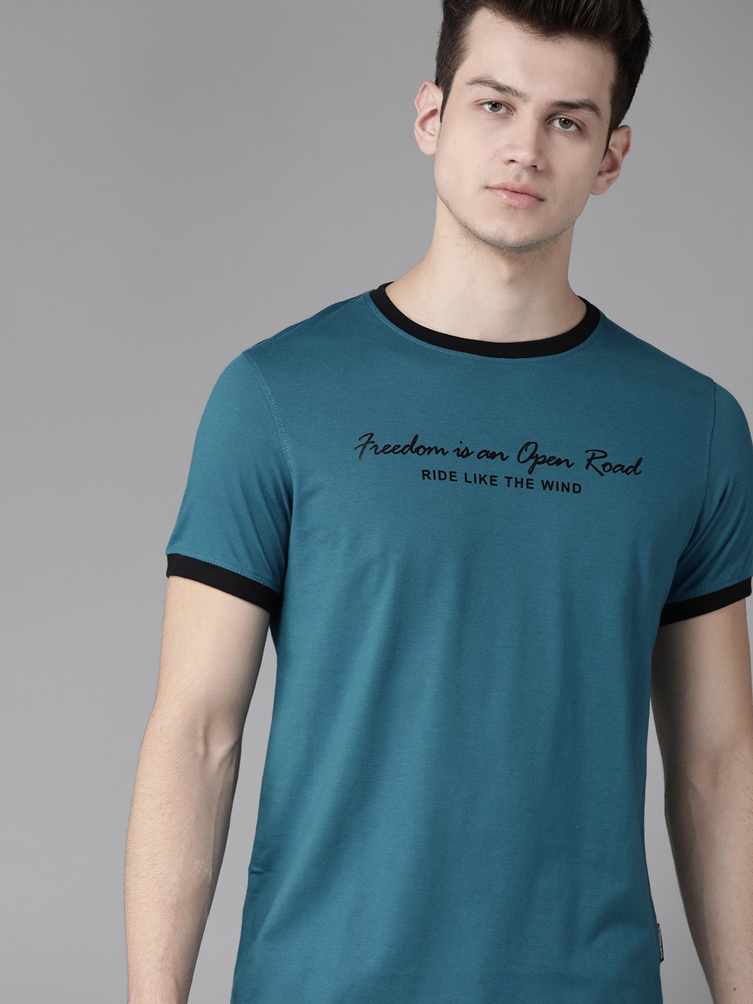 

Roadster Men Teal Blue Printed Detail Round Neck T-shirt