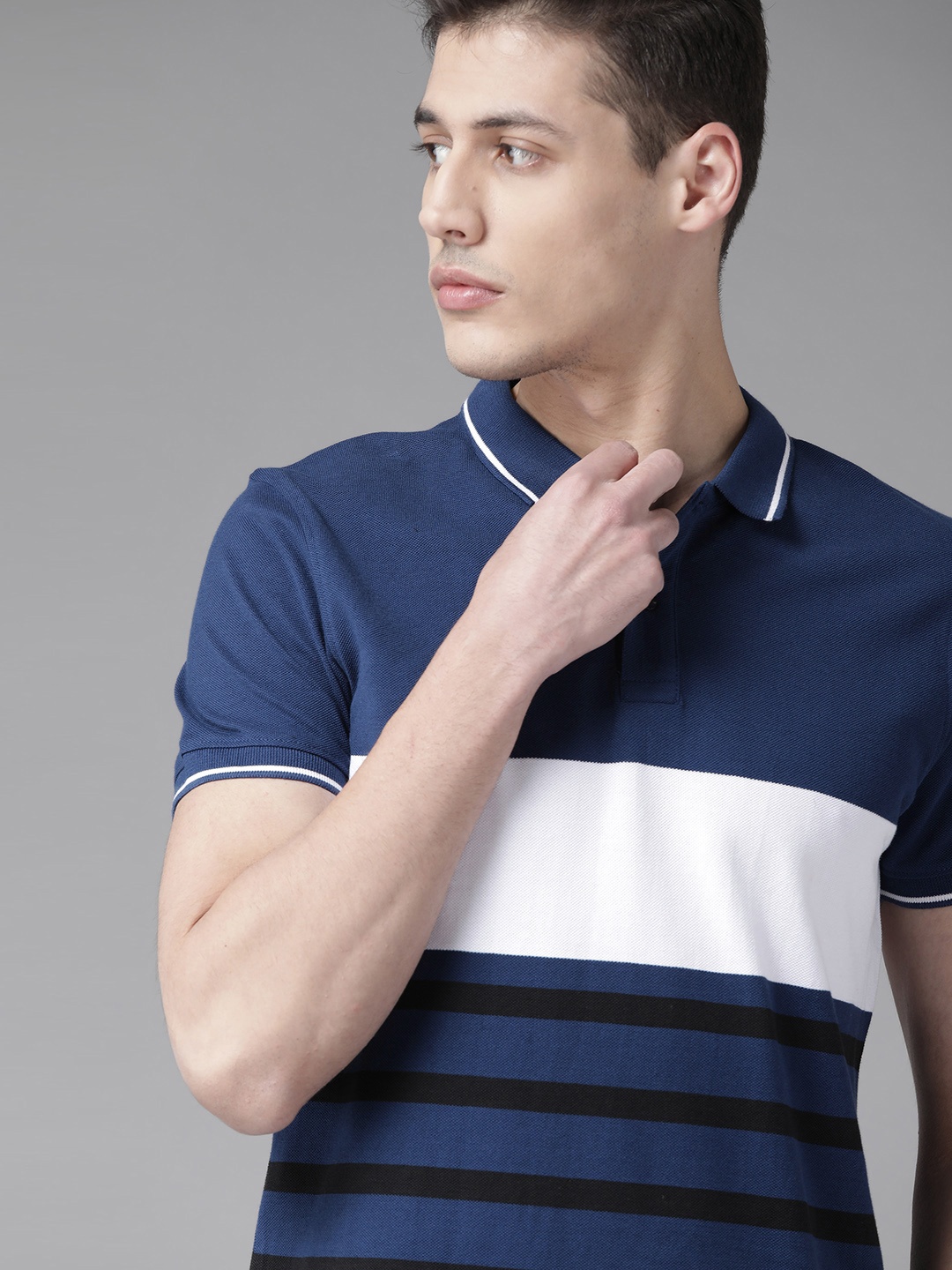 

Roadster Men Blue White Striped Polo Collar Pure Cotton T-shirt