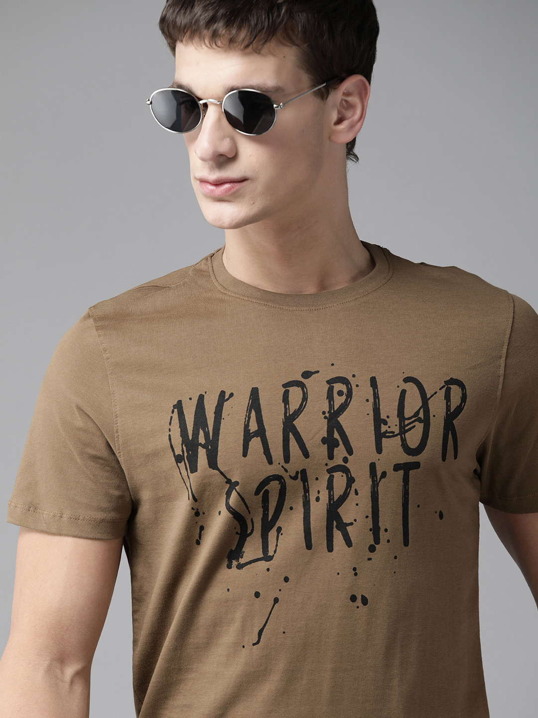 

Roadster Men Khaki Printed Cotton Round Neck T-shirt