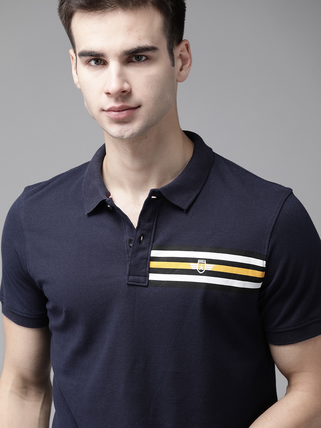 

Roadster Men Navy Blue Striped Detail Pure Cotton Polo Collar T-shirt