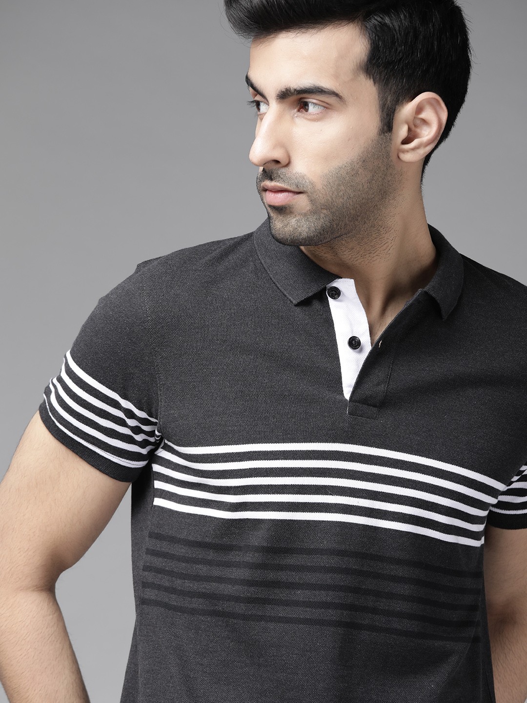 

Roadster Men Charcoal Grey & White Striped Polo Collar T-shirt