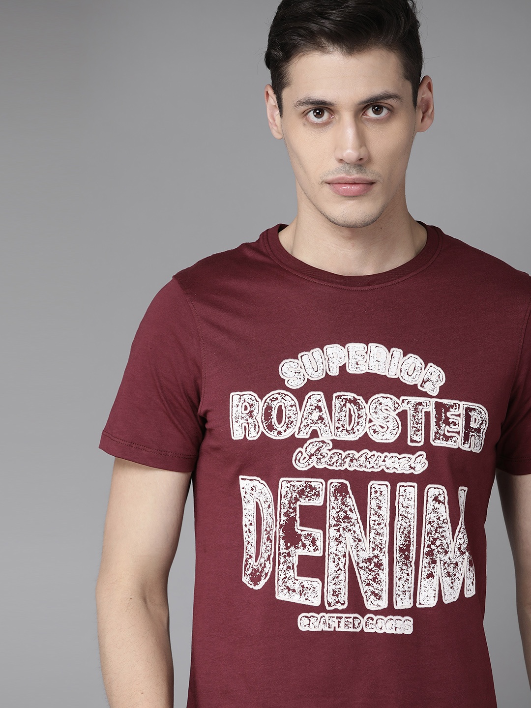 

Roadster Men Burgundy White Brand Logo Print Round Neck Pure Cotton T-shirt