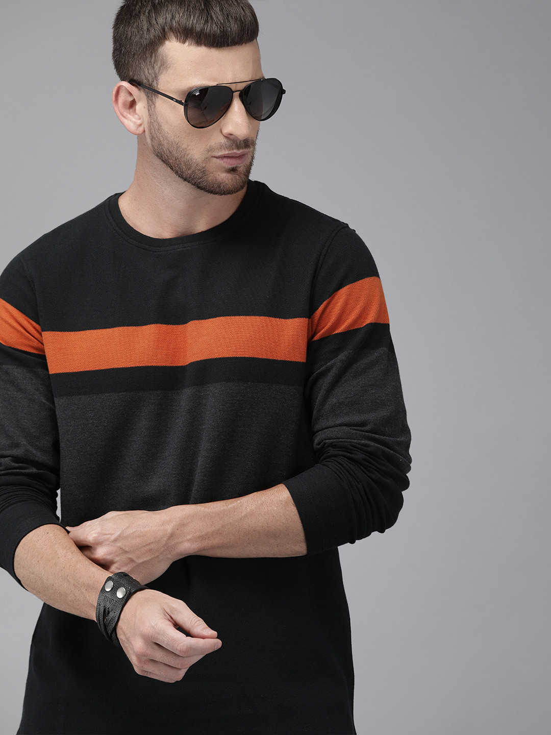 

Roadster Men Black & Charcoal Grey Colourblocked Round Neck T-shirt