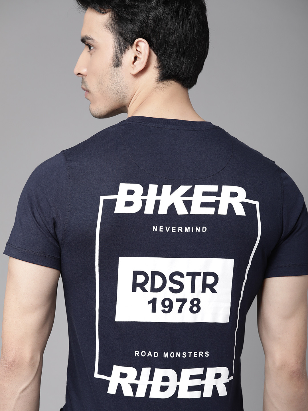 

Roadster Men Navy Blue White Back Biker Rider Printed Round Neck Pure Cotton T-shirt