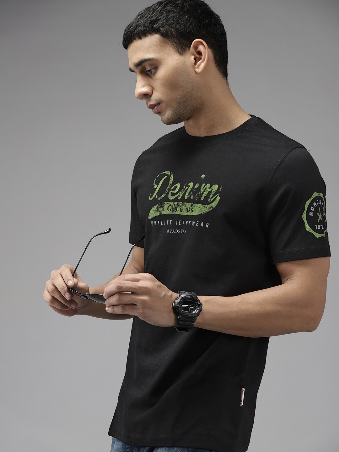 

The Roadster Lifestyle Co. Men Black & Green Typography Printed Pure Cotton T-shirt