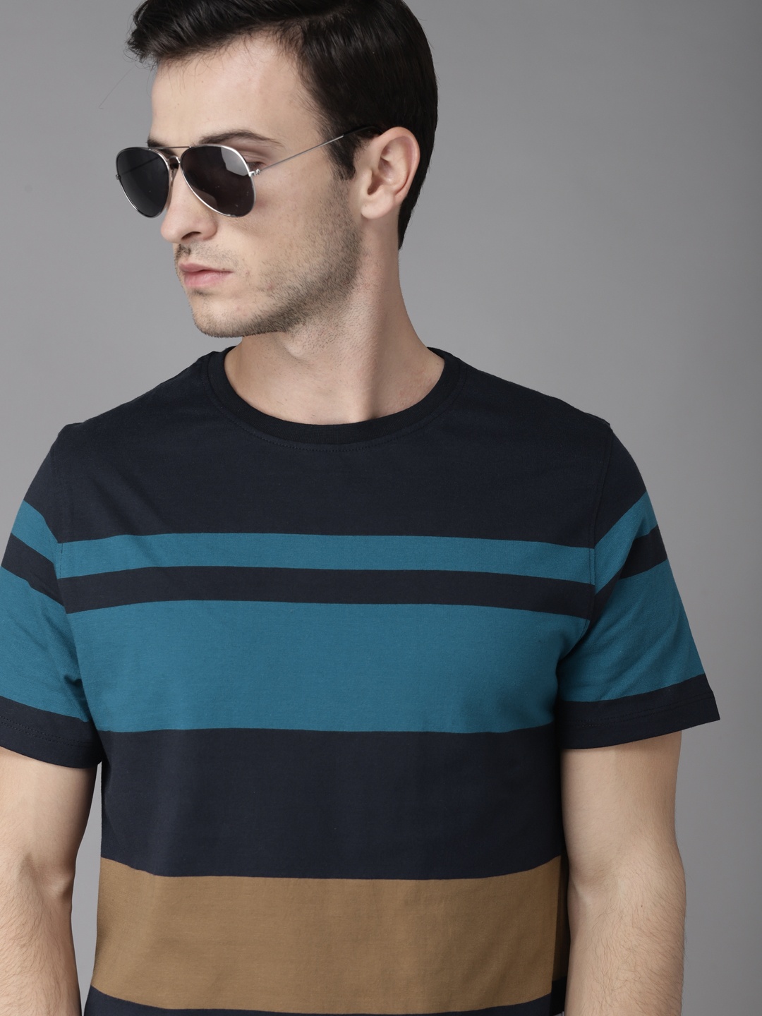 

Roadster Men Blue Brown Striped Round Neck Pure Cotton T-shirt