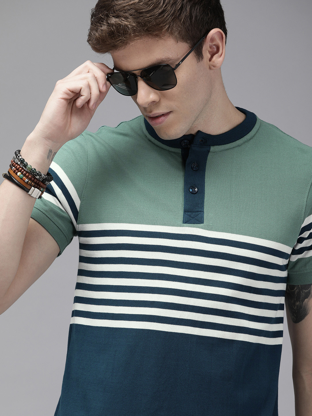 

Roadster Men Green White Striped Henley Neck Pure Cotton T-shirt