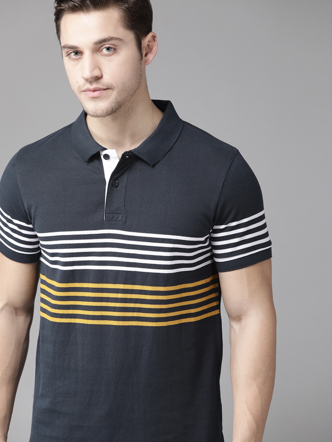 

Roadster Men Navy Blue White Pure Cotton Striped Polo Collar Pure Cotton T-shirt