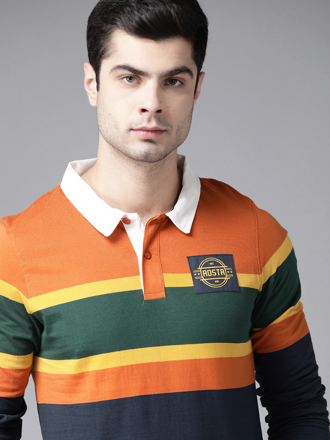

Roadster Men Navy Blue Orange Colourblocked Pure Cotton Polo Collar Pure Cotton T-shirt