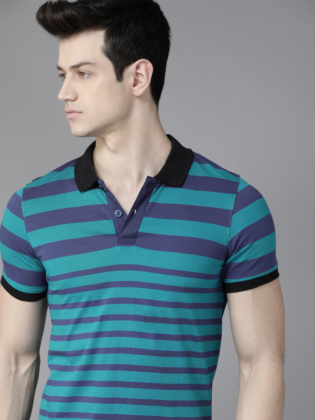

Roadster Men Blue Teal Green Striped Pure Cotton Polo Collar Pure Cotton T-shirt