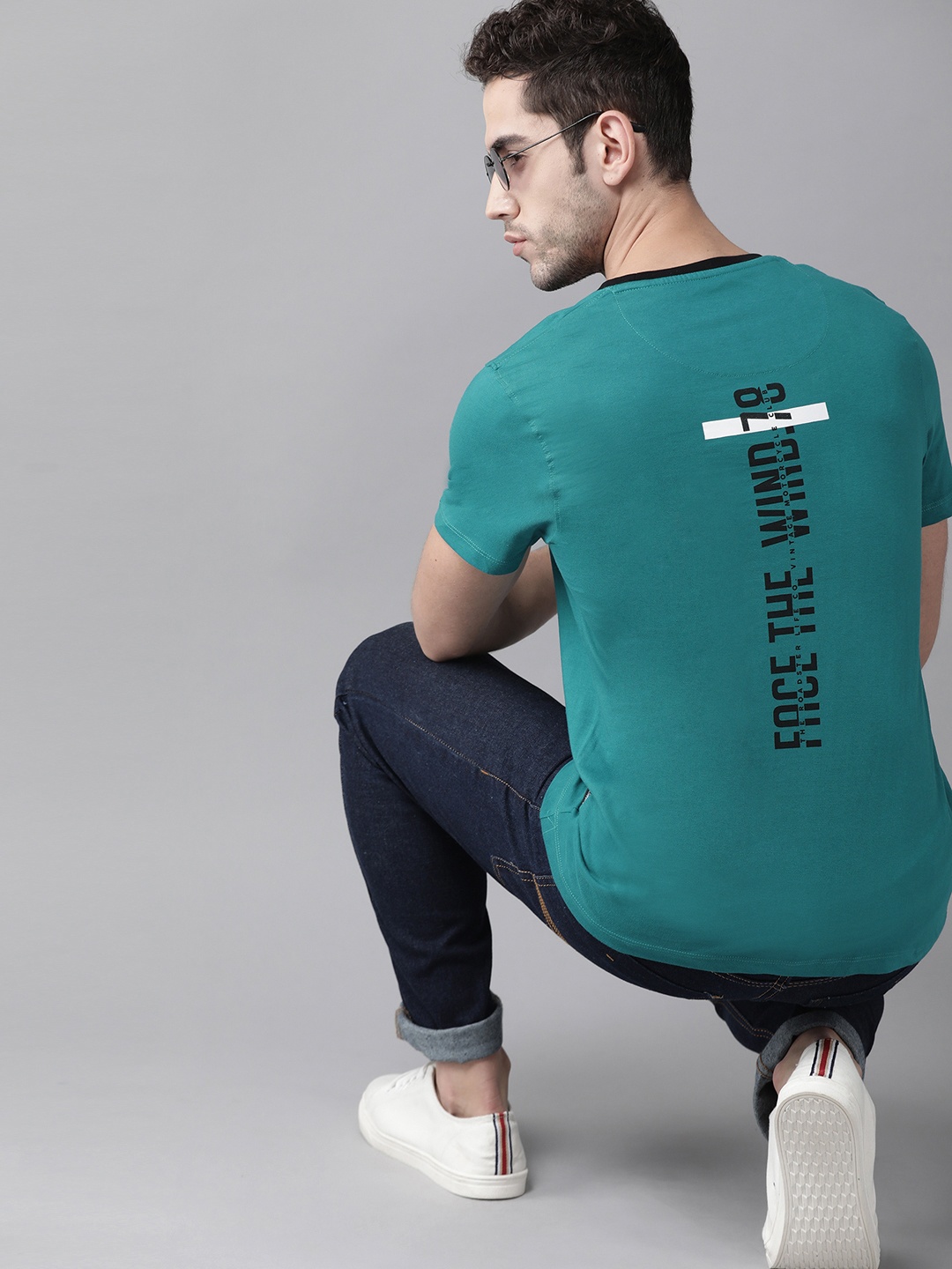 

Roadster Men Teal Blue Printed Back Round Neck Pure Cotton T-shirt