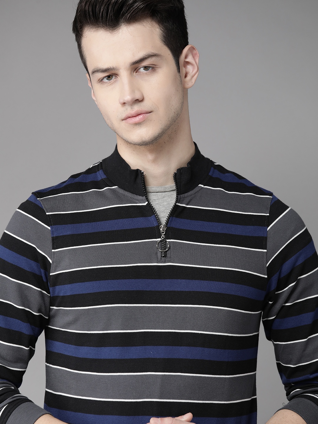 

Roadster Men Grey Blue Striped Pure Cotton High Neck Pure Cotton T-shirt