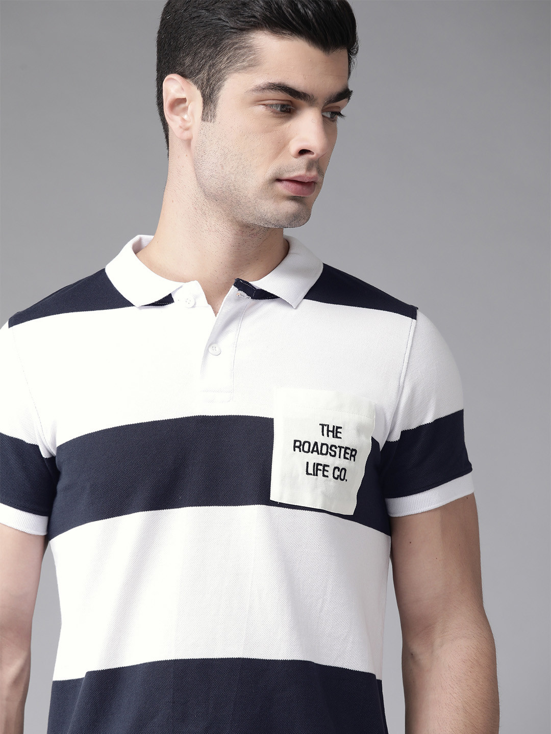 

Roadster Men White Navy Blue Striped Polo Collar Pure Cotton T-shirt