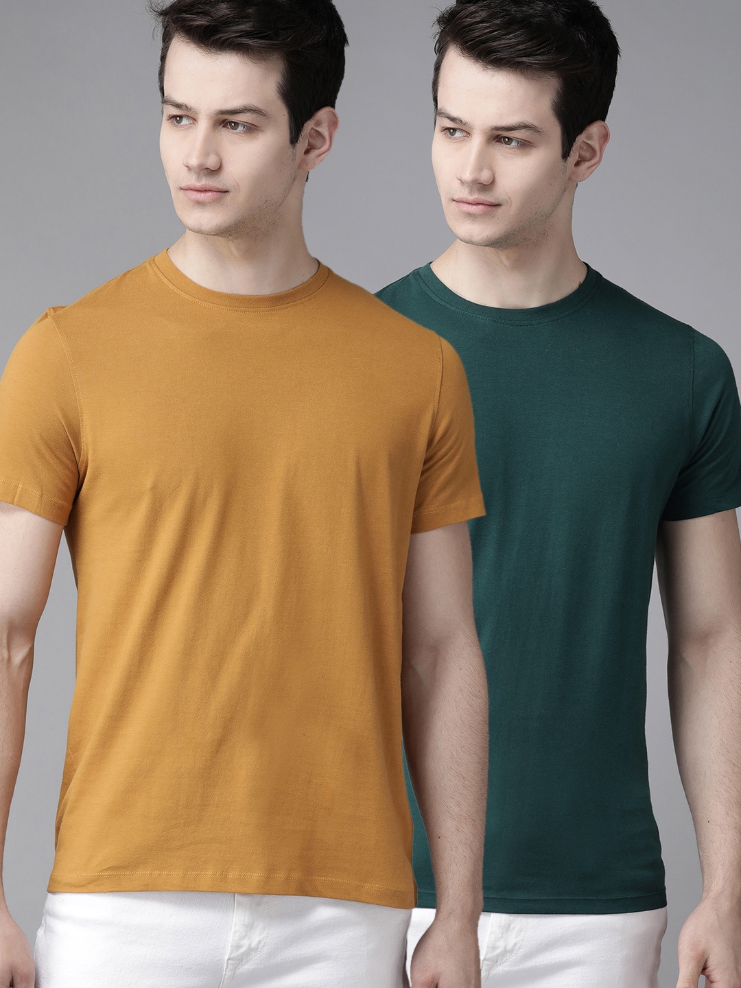 

Roadster Men Pack of 2 Solid Round Neck Pure Cotton T-shirts, Mustard