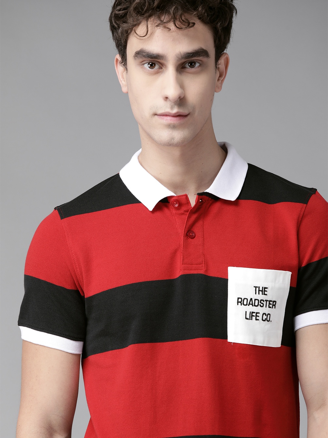 

Roadster Men Red Black Striped Polo Collar Pure Cotton T-shirt