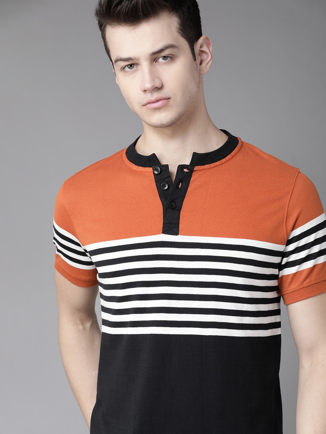 

Roadster Men Orange & Black Striped Henley Neck T-shirt