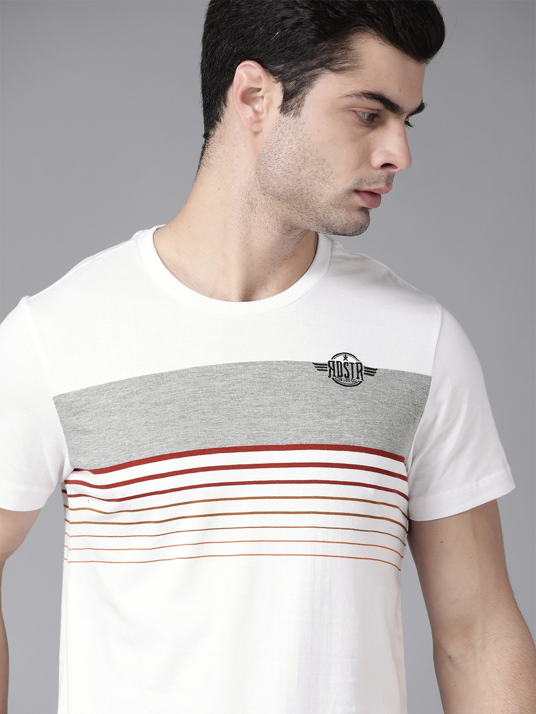 

Roadster Men White Grey Melange Striped Round Neck Pure Cotton T-shirt