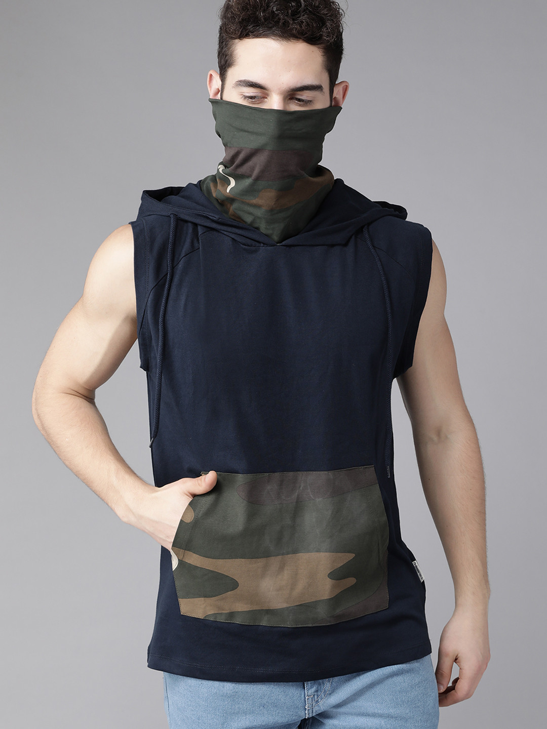 

Roadster Men Navy Blue Pure Cotton Printed Hooded Pure Cotton T-shirt