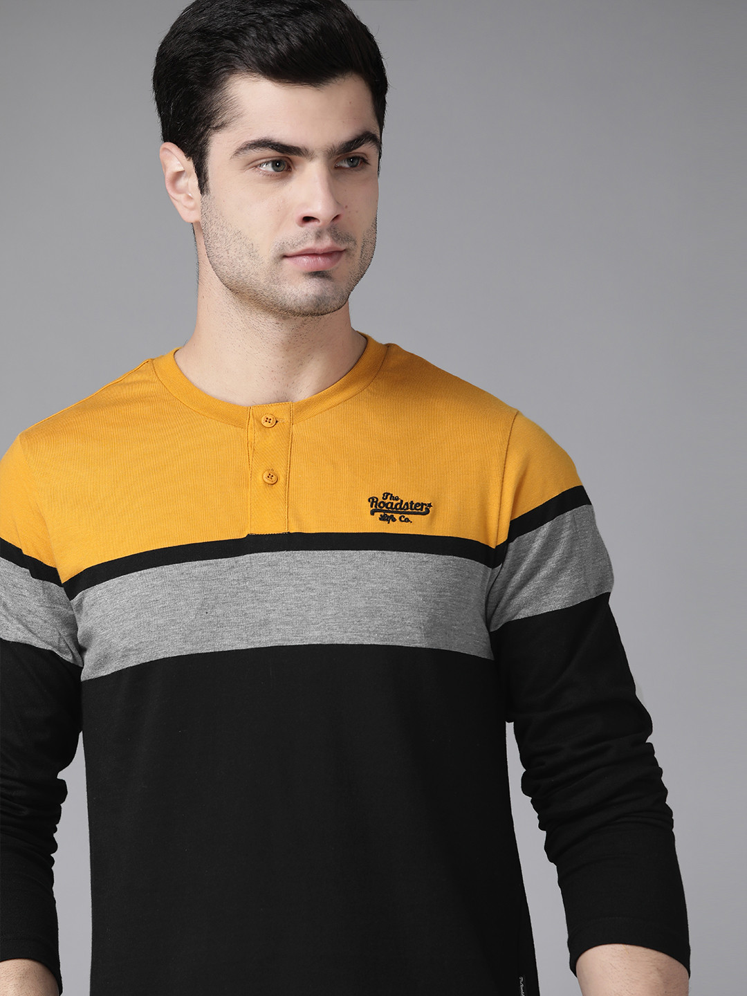 

Roadster Men Black & Mustard Yellow Colourblocked Henley Neck Pure Cotton T-shirt