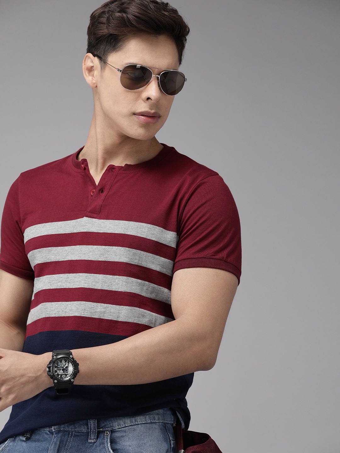 

Roadster Men Maroon Striped Henley Neck Pure Cotton T-shirt