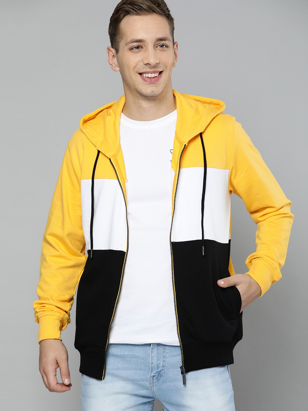 

Harvard Men Mustard Yellow & Black Colourblocked Hooded Sweatshirt