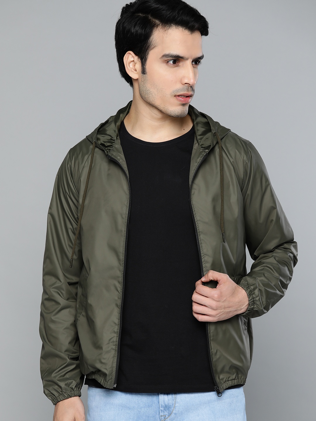 

Harvard Men Olive Green Printed Back Lightweight Hooded Tailored Jacket