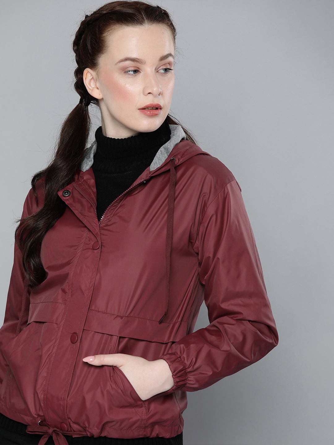 

Harvard Women Burgundy Solid Hooded Bomber Jacket