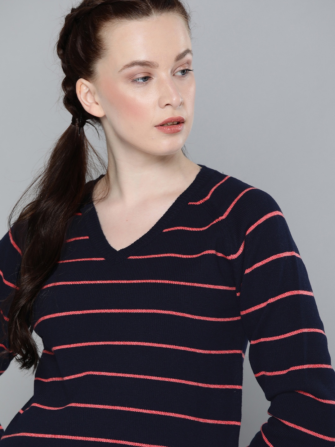

Harvard Women Navy Blue & Pink Striped Acrylic Sweater