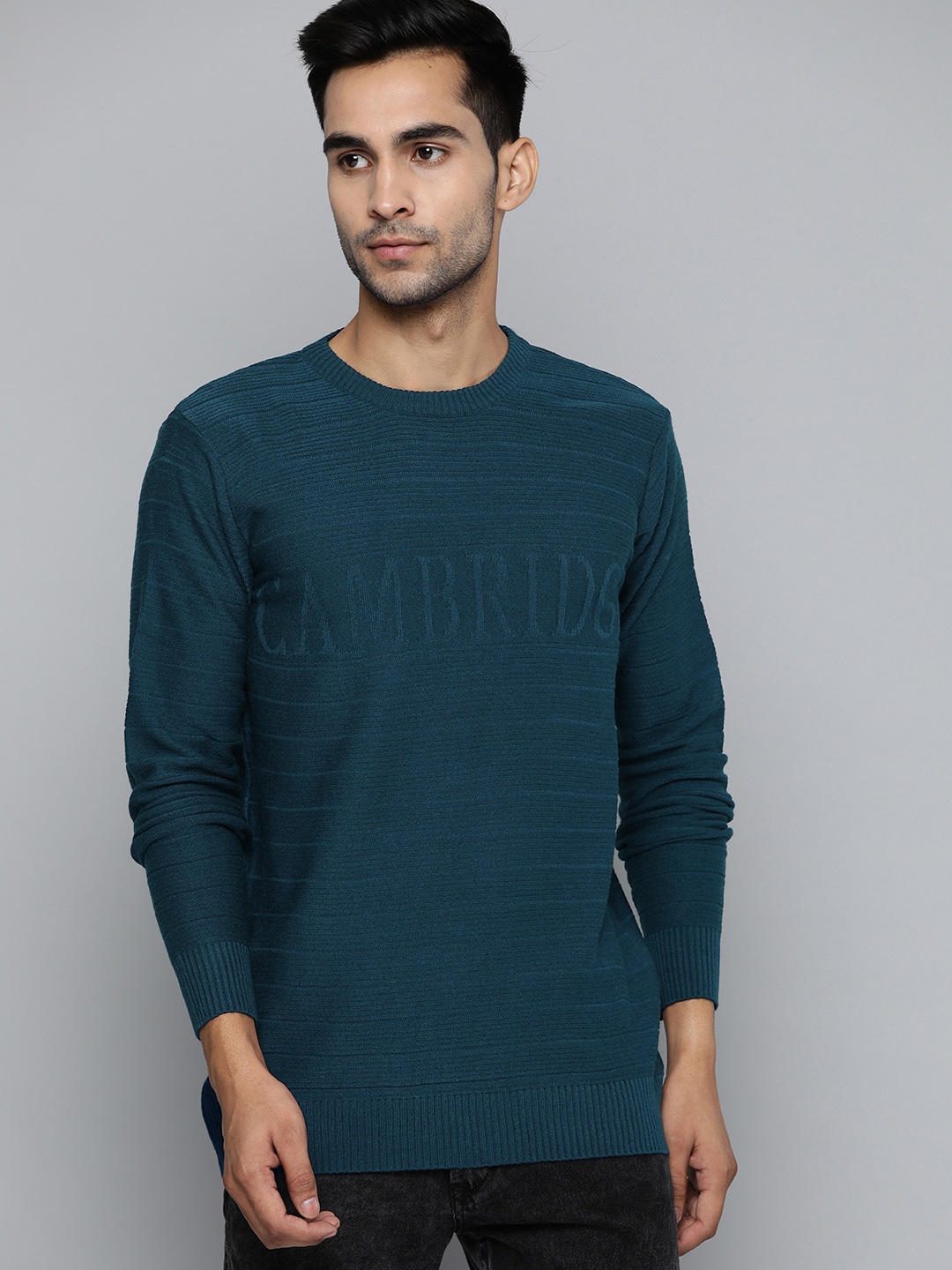 

Harvard Men Teal Blue Self Striped Acrylic Pullover