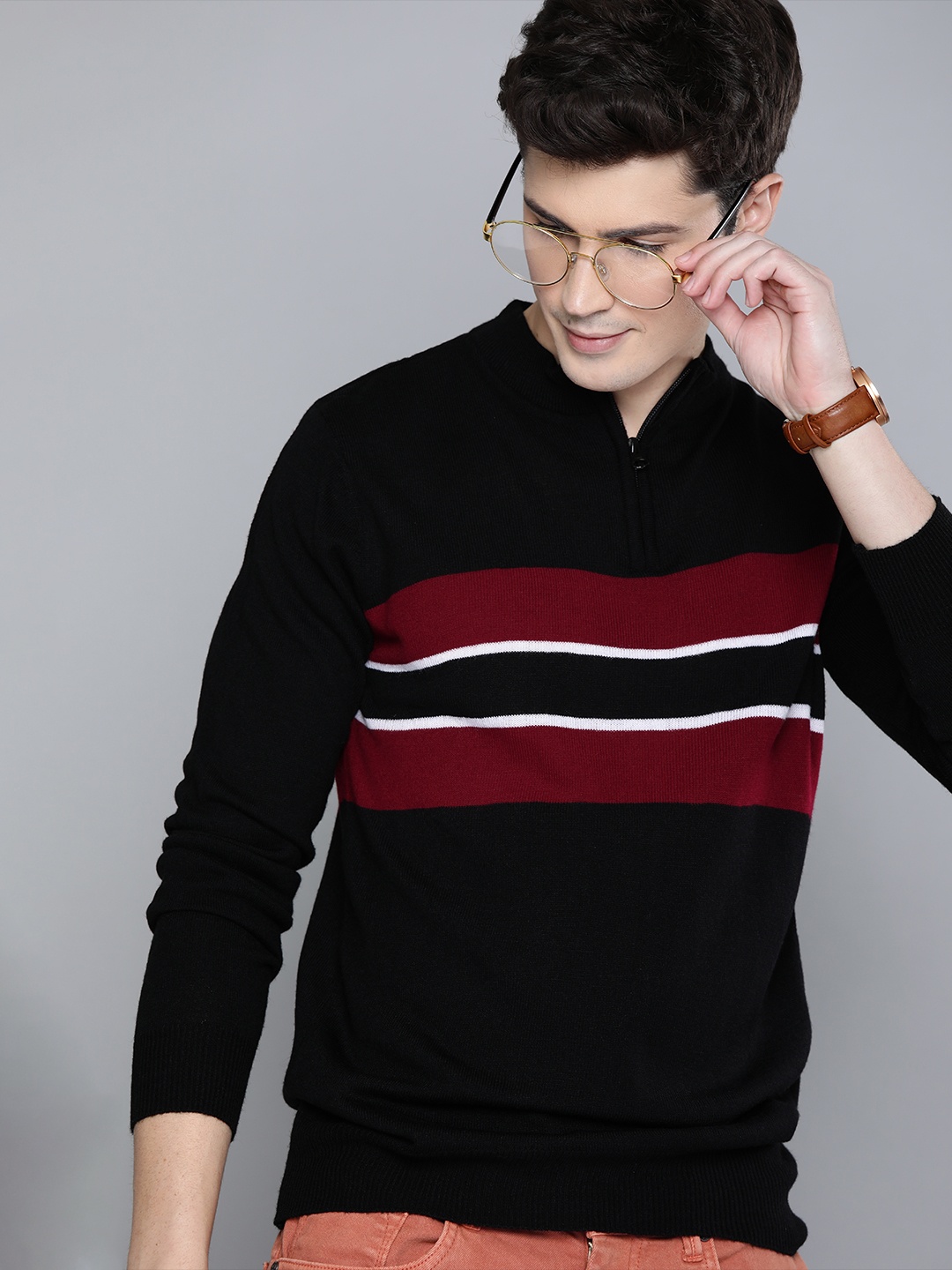 

Harvard Men Black & Maroon Striped Acrylic Pullover