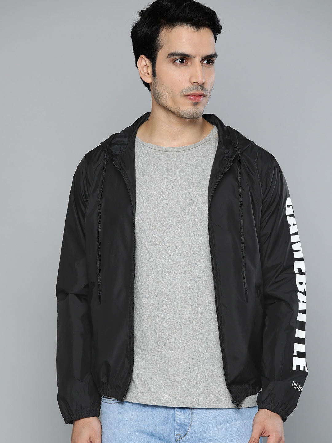 

Harvard Men Black Solid Lightweight Hooded Tailored Jacket with Printed Detail